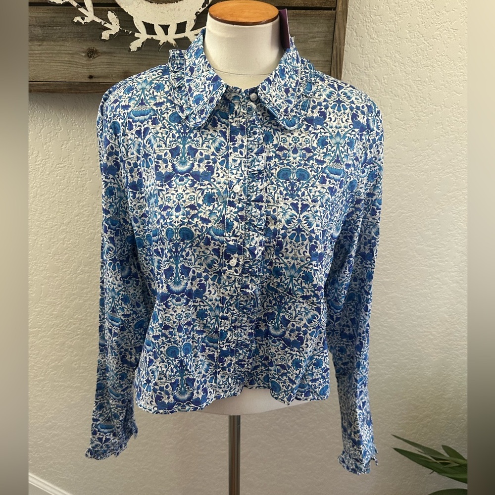 J. Crew Liberty Fabric‎ Blue and White Patterned Button Down Cropped Shirt S NWT